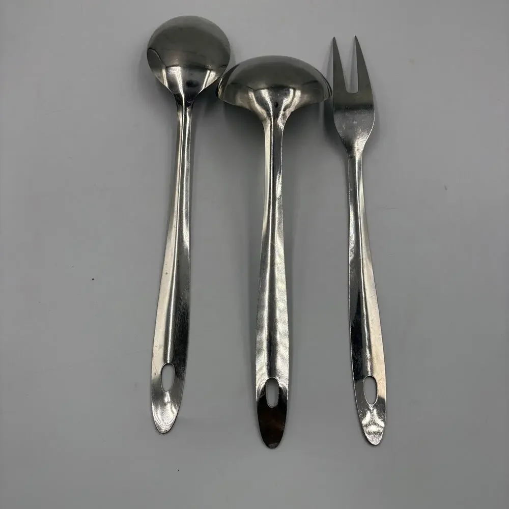 Vintage Stainless Steel Serving Utensils 3 Pc Ladle Spoon Meat Fork MCM
